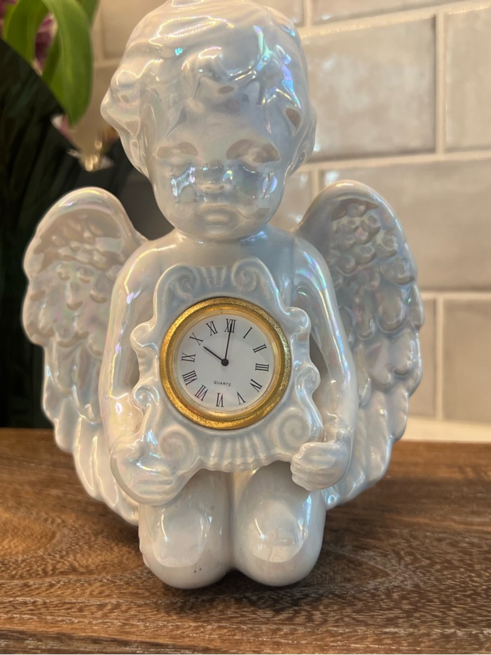 White Iridescent Ceramic Angel Clock - Decorative Wall Accent